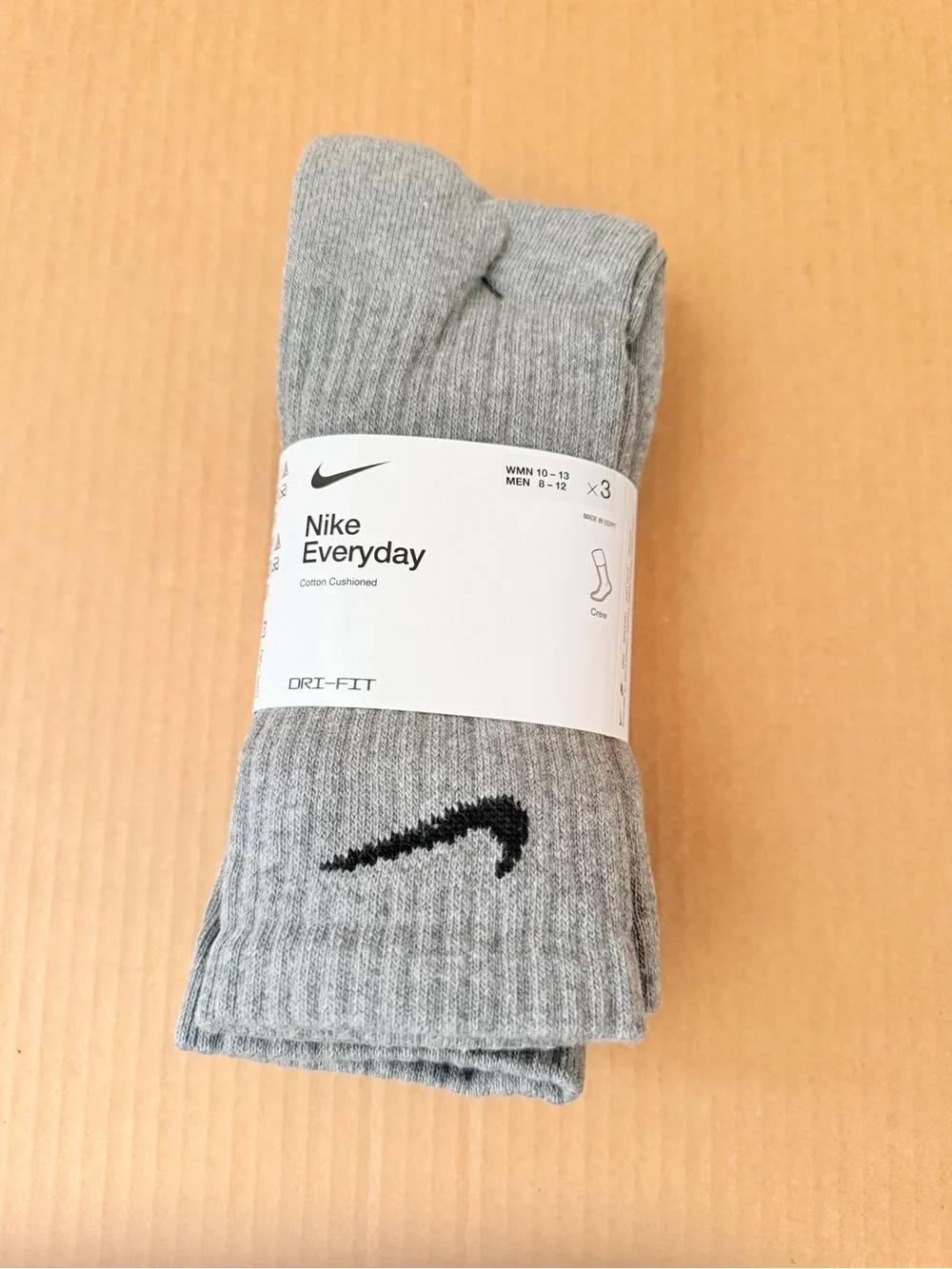 Nike Everyday Cotton Cushioned Dri- Fit Crew Socks 3 Pairs Gray Size L (8-12)